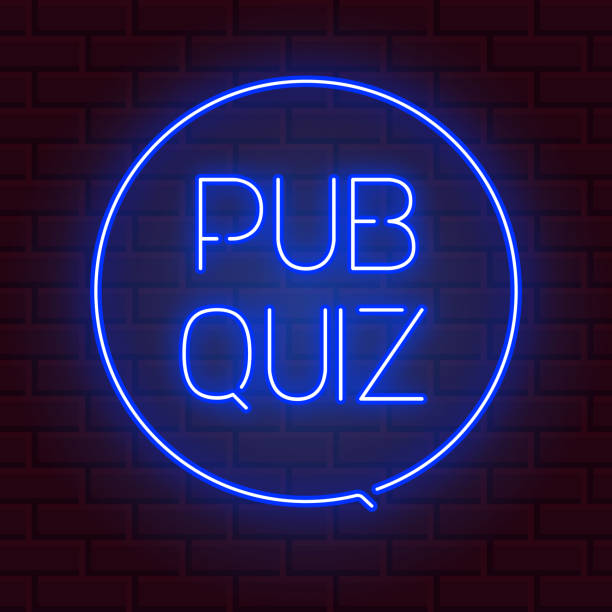 istock Pub quiz announcement poster, vintage styled neon glowing letters shining on dark brick background. Questions team game for intelligent people.Vector illustration, glowing electric sign in retro style 1005850234