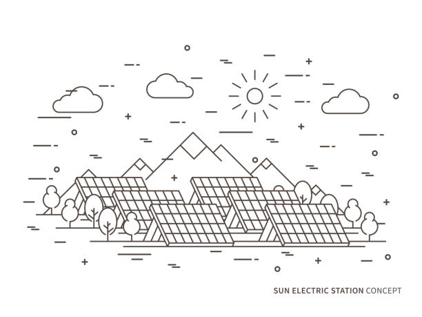 lineare sonne elektrizitätswerk vektor-illustration - solar panel solar power station sun solar energy stock-grafiken, -clipart, -cartoons und -symbole