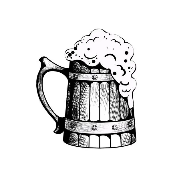 Vector illustration of Wooden beer mug with beer foaming. Vector illustration.