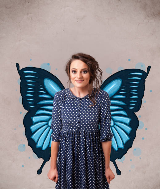 istock Young girl with butterfly blue illustration on the back 1005867264