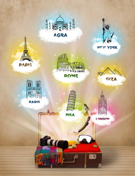 istock Tourist suitcase with famous landmarks around the world 1005870422