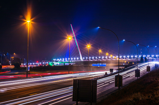 Night view of the illuminated Golden Horn metro bridge, Istanbul, Turkey