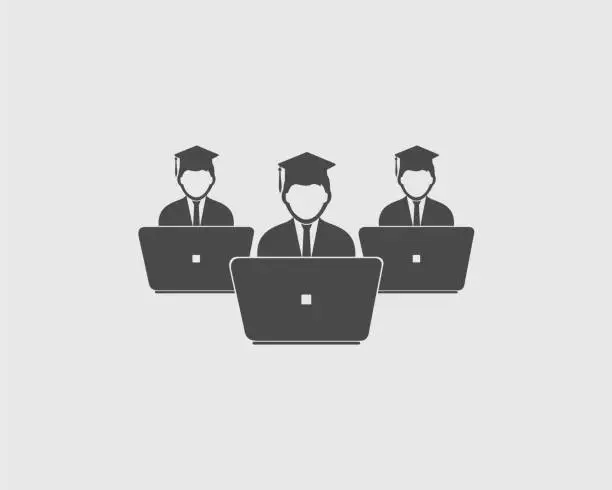 Vector illustration of E-Learning Icon. Three graduate students behind Laptop.