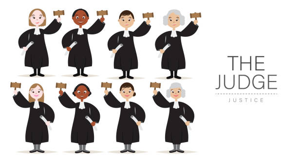 Set of The Judges Cartoon Character White and Dark Skinned Collection Design with Hold the hammer for Judge and Justice. vector art illustration