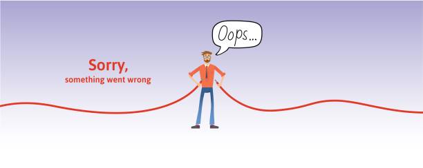 Nerdy guy with disconnected cable in his hands. Text warning message, sorry something went wrong. Oops 404 error page, vector template for website. Colored flat vector illustration. Horizontal Nerdy guy with disconnected cable in his hands. Text warning message, sorry something went wrong. Oops 404 error page, vector template for website. Colored flat vector illustration. Horizontal. zero errors stock illustrations