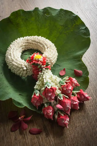 Thai jasmine garland on a lotus leaf for monk.