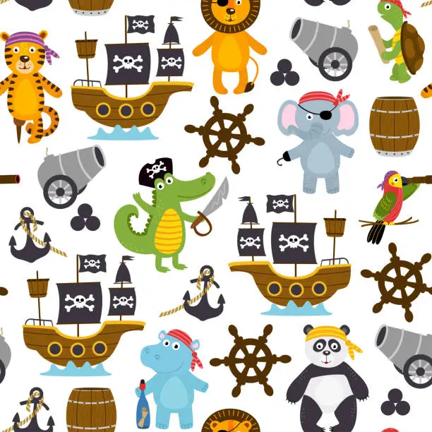 Vector illustration of seamless pattern with funny pirates animals