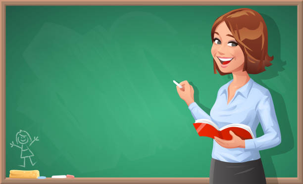 Female Teacher Writing On Blackboard A young cheerful female teacher with a book in her hand, looking at the camera, writing on a blackboard. Vector illustration with space for text. teacher stock illustrations
