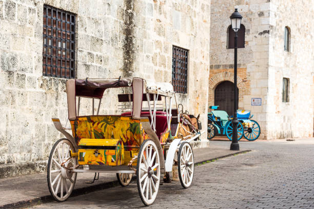 Retro carriage with a horse on a city street in Santo Domingo, Dominican Republic. Copy space for text. stock photo
