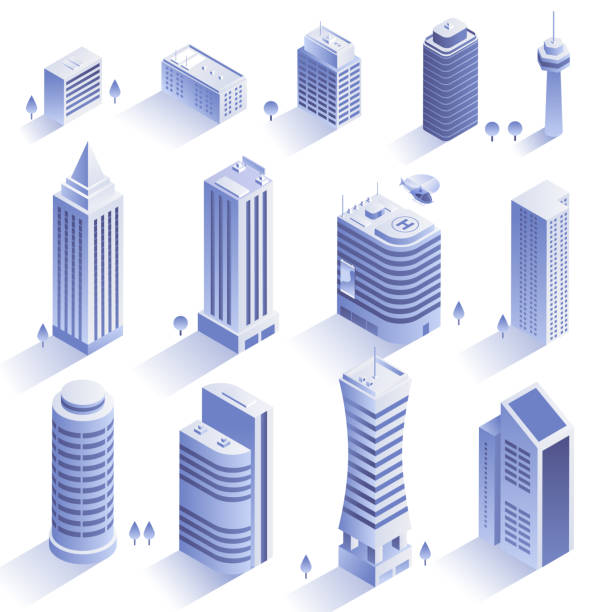 ilustrações de stock, clip art, desenhos animados e ícones de set of modern buildings. city skyscrapers in isometric style isolated on white backround. collection of urban architecture. residential and office buildings. vector eps 10. - skyscraper