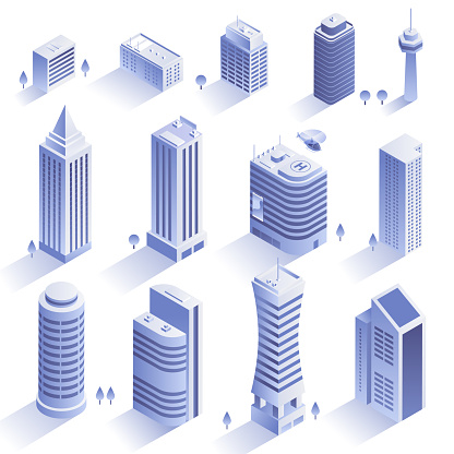 Set of modern buildings. City skyscrapers in isometric style isolated on white backround. Collection of urban architecture. Residential and office buildings. Vector eps 10.