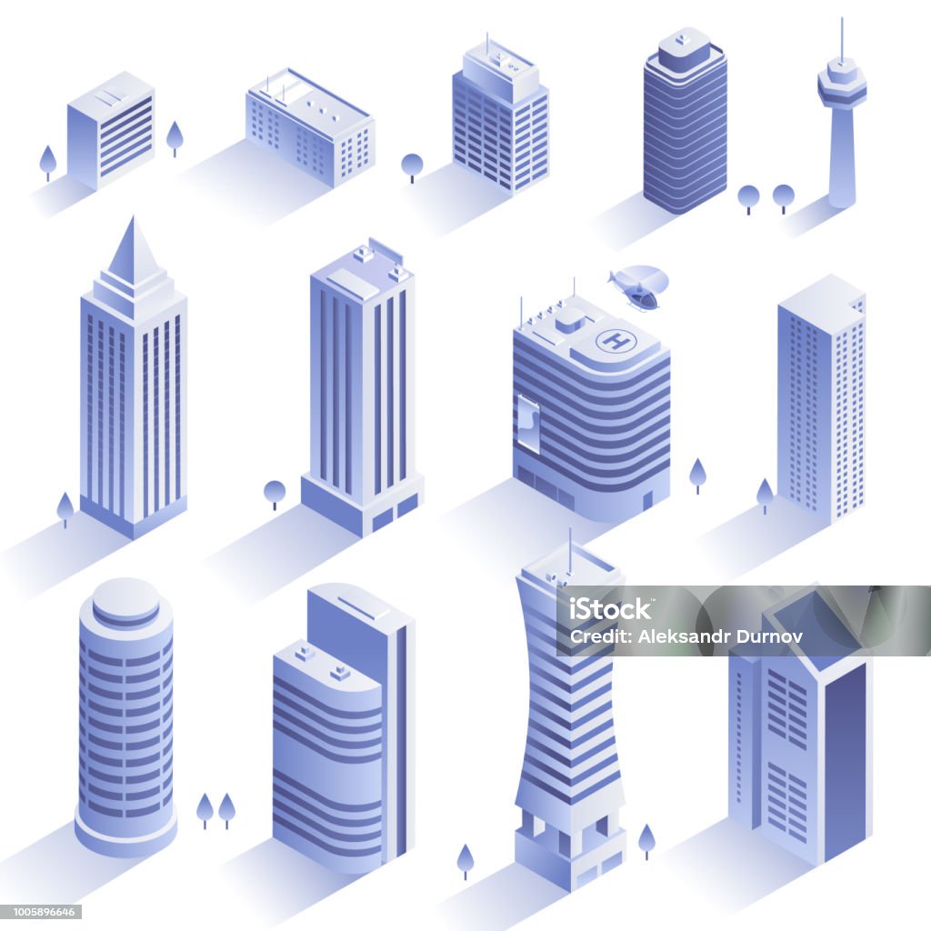 Set of modern buildings. City skyscrapers in isometric style isolated on white backround. Collection of urban architecture. Residential and office buildings. Vector eps 10. Building Exterior stock vector
