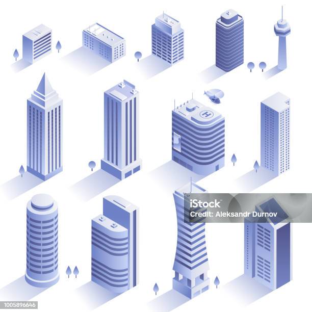 Set Of Modern Buildings City Skyscrapers In Isometric Style Isolated On White Backround Collection Of Urban Architecture Residential And Office Buildings Vector Eps 10 Stock Illustration - Download Image Now