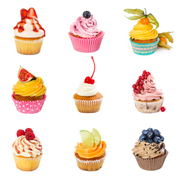 Set of different cupcakes isolated on white background.