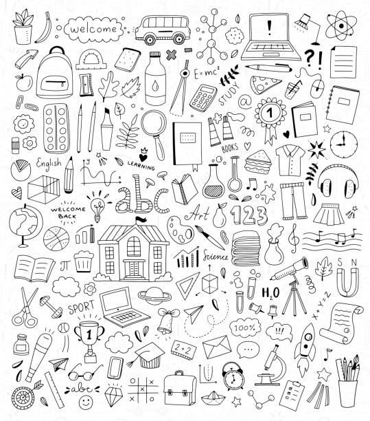 schule doodle abbildung eingestellt. zurück zur schule-elemente und symbole. bildung von hand gezeichnet kinderzeichnungen - sports event illustrations stock-grafiken, -clipart, -cartoons und -symbole