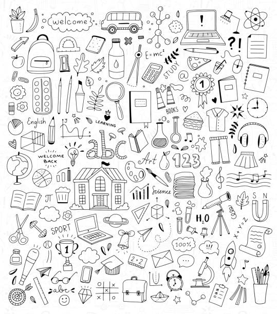 okul doodle resimde kümesi. geri okul öğeler ve simgeler için. çocuk eğitim elle çizilmiş çizimler - eğitim illüstrasyonlar stock illustrations