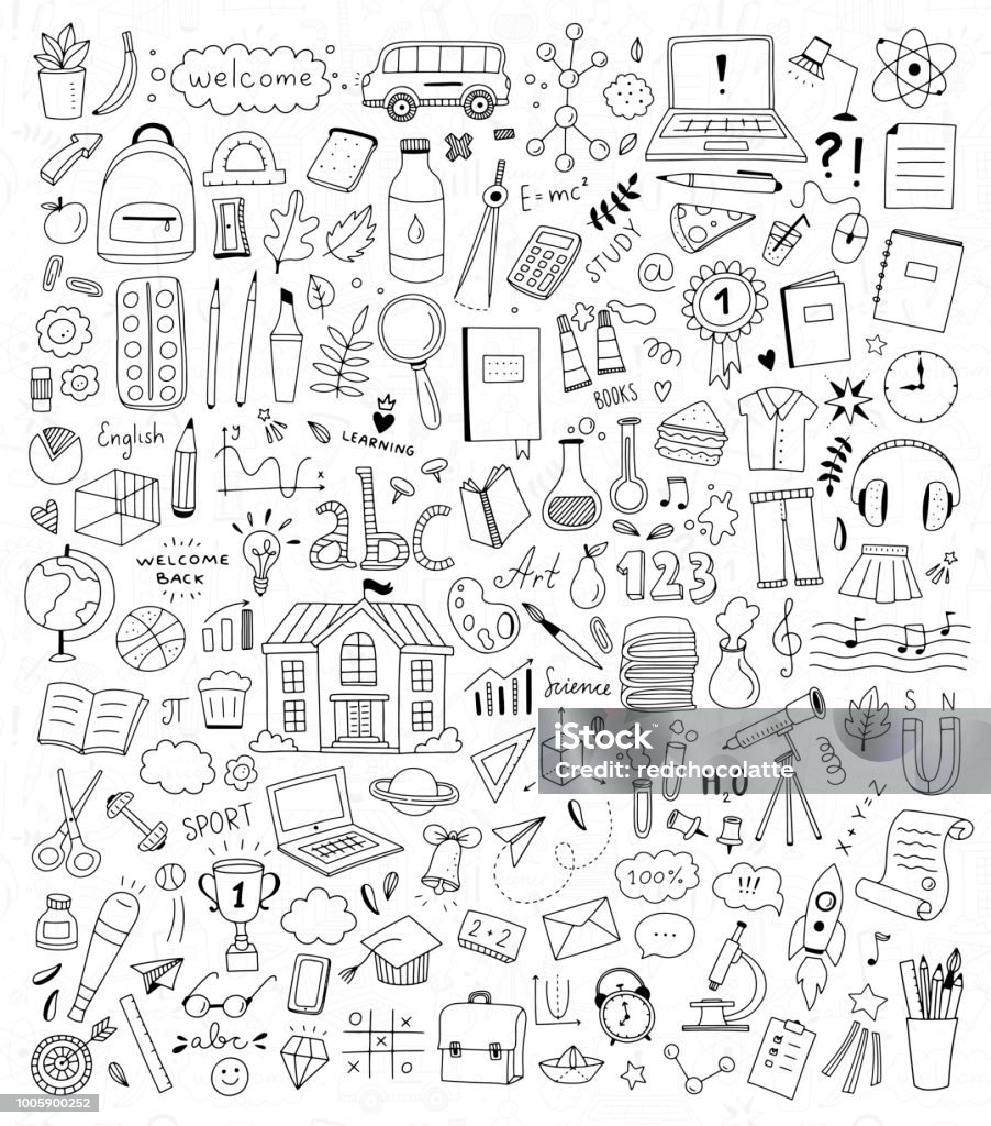 School doodle illustration set. Back to school elements and icons. Children education hand drawn drawings Doodle stock vector