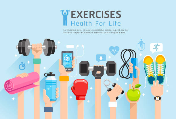 ilustrações de stock, clip art, desenhos animados e ícones de exercises conceptual design. set of exercises hands. vector illustrations. - healthy lifestyle men boxing dumbbell