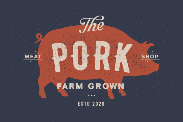 Pig, pork. Vintage label, retro print, poster for Butchery meat shop with text, typography Pork, Meat Shop, Farm Grown, pig silhouette. Label template for meat business, farmer shop. Vector Illustration