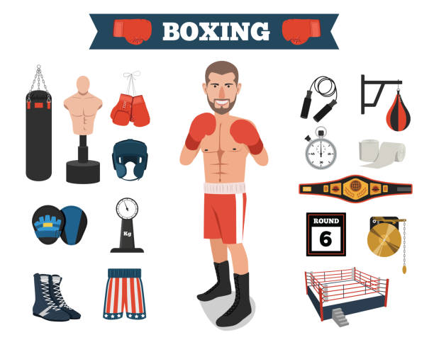 männlicher boxer mit boxen equipment tools - boxershorts stock-grafiken, -clipart, -cartoons und -symbole