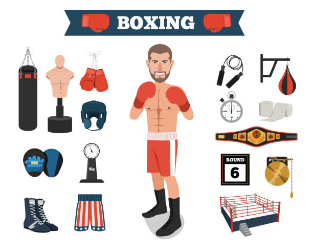 ilustrações, clipart, desenhos animados e ícones de boxer macho com ferramentas de equipamentos de boxe - kickboxing muay thai exercising sport
