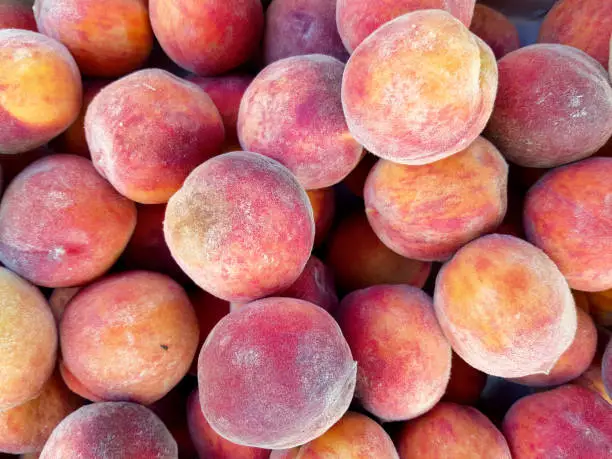 Photo of a lot of ripe peaches as a background. Peaches are sold on the market. close-up.