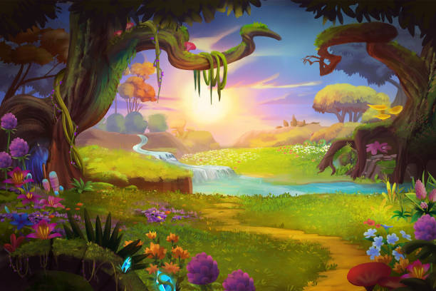 kraina fantasy, trawa i wzgórze, rzeka i drzewo z fantastycznym, realistycznym stylem - forest stock illustrations