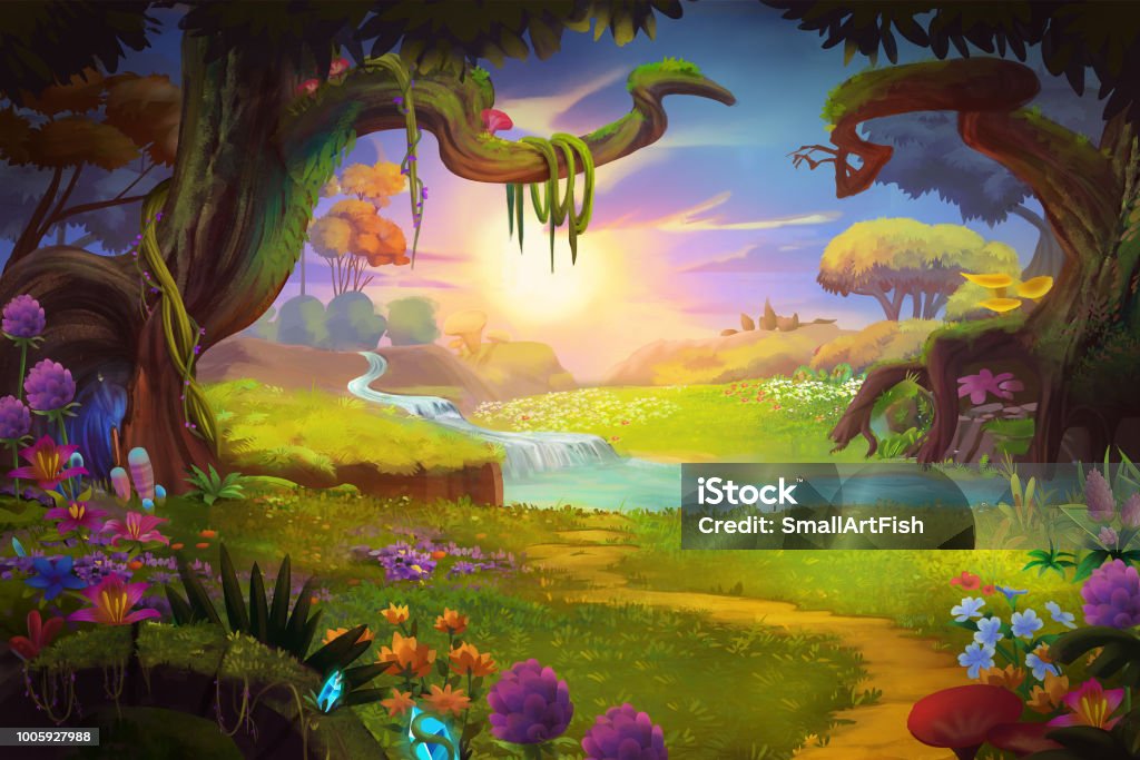 Fantasy land, Grass and Hill, River and Tree with Fantastic, Realistic Style Video Game's Digital CG Artwork, Concept Illustration, Realistic Cartoon Style Scene Design Forest stock illustration