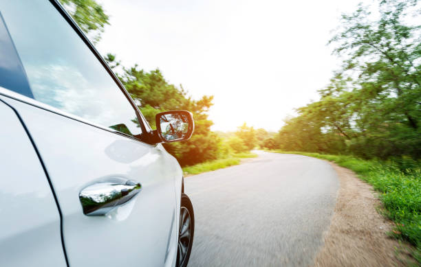 istock Car driving on the road in green forest 1005934758