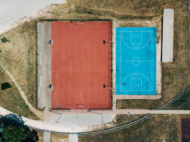 istock Three Basketball courts from aerial point of view 1005942590