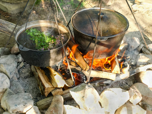 herbata ziołowa z dzikich ziół podczas gotowania na otwartym ogniu - kociołek herbaty zdjęcia i obrazy z banku zdjęć