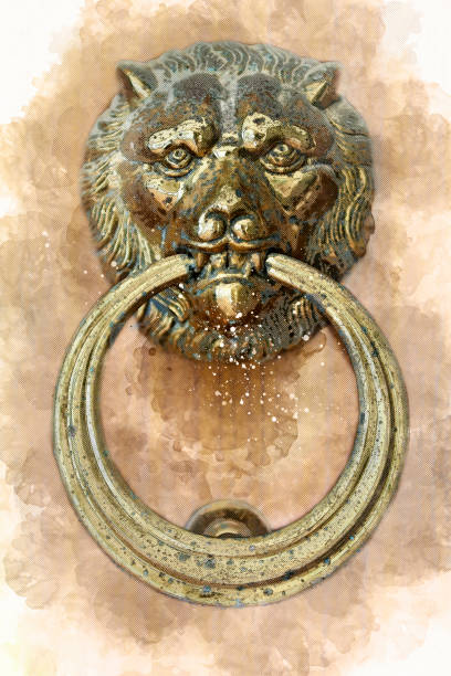 illustrations, cliparts, dessins animés et icônes de esquisse d’un knockdoor de tête et l’anneau de lion sur porte en bois - architectural feature bronze sketch drawing