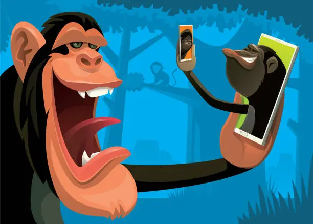 Vector illustration of chimpanzees video chatting via smartphone