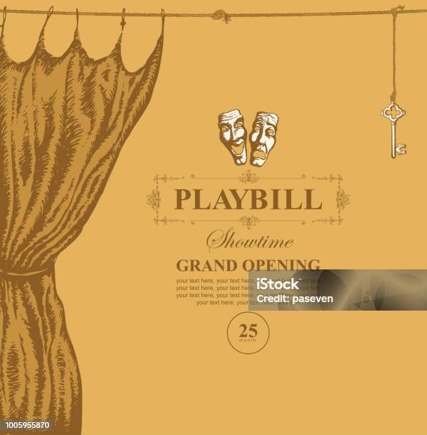 Handdrawn Playbill With Theater Curtain And Masks Stock Illustration - Download Image Now - Stage Theater, Theatrical Performance, Acting - Performance