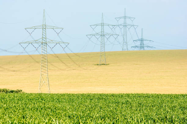 Overland power lines over fields in landscape format power line horizon over land stock pictures, royalty-free photos & images