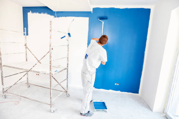 House painters beginning to paint a large blue wall House painters beginning to paint a large blue wall. Professional house painters in bright room. house painter ladder paint men stock pictures, royalty-free photos & images