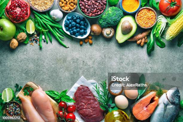 Balanced Diet Food Background Stock Photo - Download Image Now - Vegetable, Food, Freshness