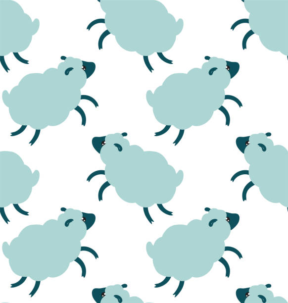 Sheeps seamless pattern Sheeps seamless pattern in cute cartoon flat style fluffy clouds repeating texture with blue and white animals sheep flock stock illustrations