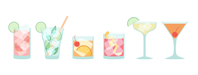Vector collection of popular cocktails in flat style isolated on white - Mojito, Daiquiri, Old Fashioned, Negroni, Manhattan, Sea Breeze, with ice cubes and proper decoration
