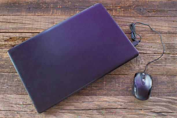 Laptop and mouse on wooden background
