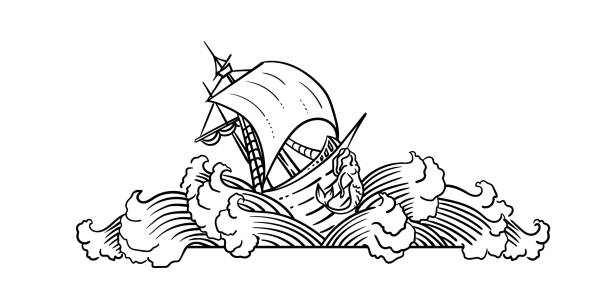 ilustrações de stock, clip art, desenhos animados e ícones de vintage naval vignette - storm nautical vessel sea vector