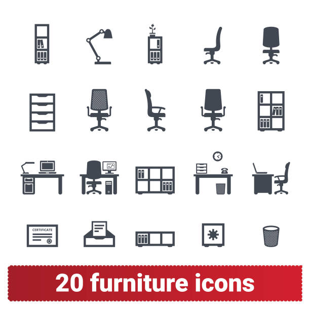 Office Furniture And Accessories Icons Collection Furniture and accessories icons. Office furnishing, private workplace and workspace illustrations. Vector collection isolated on white background. home office chair stock illustrations