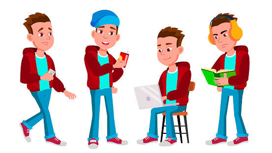 Boy Schoolboy Kid Poses Set Vector. High School Child. Child Pupil. Subject, Clever, Studying. For Postcard, Announcement, Cover Design. Isolated Cartoon Illustration