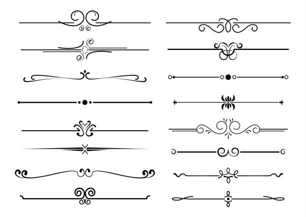 장식용 선조 flourishes 및 얇은 분배자 - scroll shape old fashioned retro revival black stock illustrations