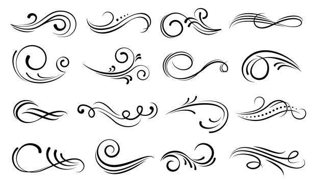 ilustrações de stock, clip art, desenhos animados e ícones de set of ornamental filigree flourishes and thin dividers - scroll shape scroll swirl decoration