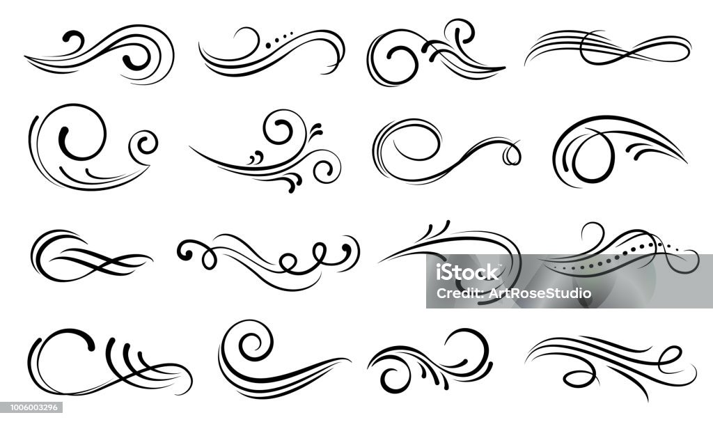 Set of ornamental filigree flourishes and thin dividers Set of ornamental filigree flourishes and thin dividers. Classical vintage elements, vector illustration Swirl Pattern stock vector