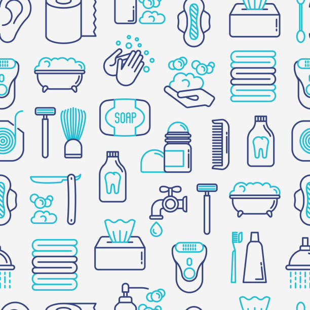 위생 개념 완벽 한 패턴 선 아이콘: 손 비누, 샤워, 욕조, 치약, 면도기, 쉐이 빙 브러쉬, 생리대, 빗, 공 방 취 제, 린스 입. 벡터 일러스트입니다. - hygiene bathtub symbol toothbrush stock illustrations