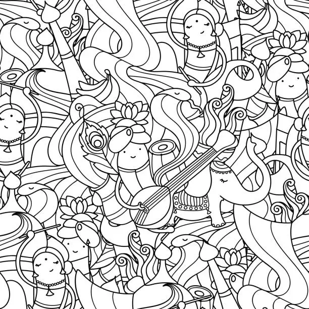Vector illustration of Doodle Indian objects, seamless pattern.