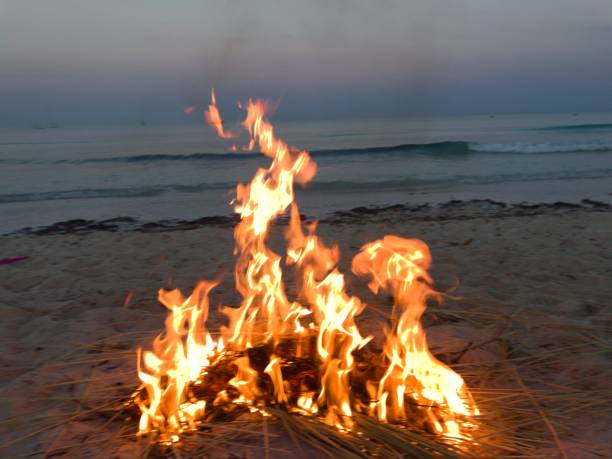 fogo na praia - beach sunset sand wood - fotografias e filmes do acervo