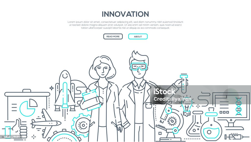 Innovation - line design style isolated illustration Innovations - line design style isolated illustration on white background with place for your text. Two young scientists and important world discoveries in chemistry, medicine, space, social media Science stock vector